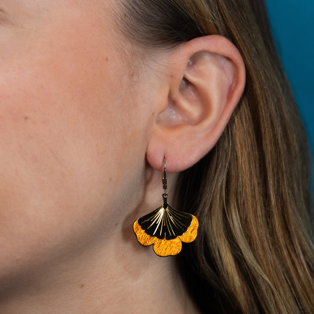 Boucles d'oreilles Gingko - Plaqué or & Cuir - N.10