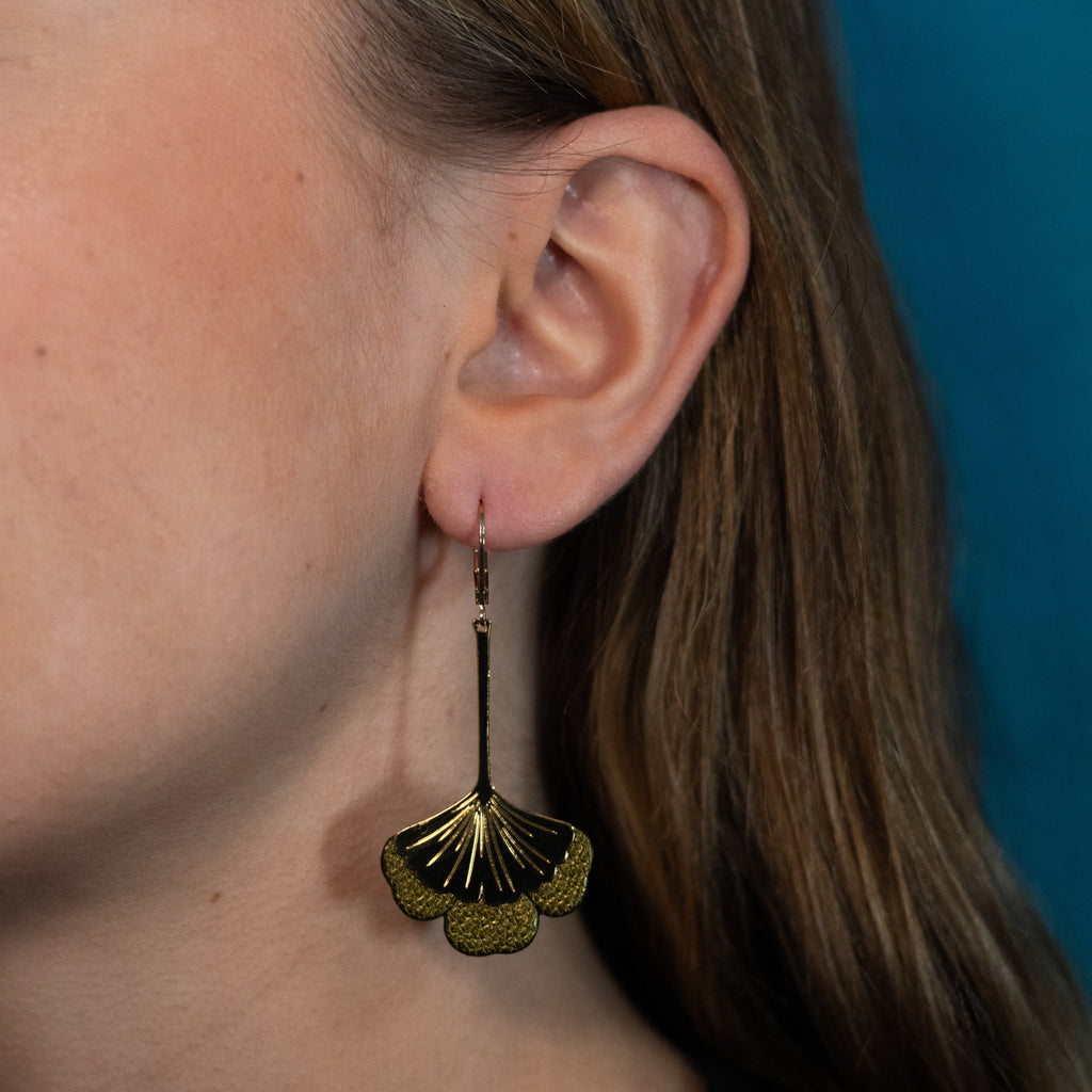 Boucles d'oreilles Gingko - Plaqué or & Cuir - N.39