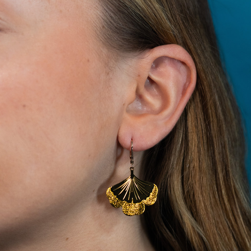 Boucles d'oreilles Gingko - Plaqué or & Cuir - N.05