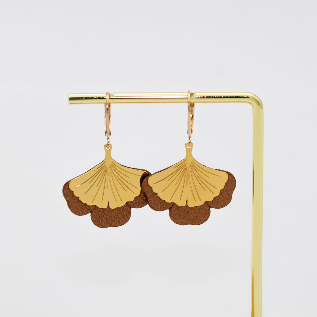 Boucles d'oreilles Gingko - Plaqué or & Cuir - N.12