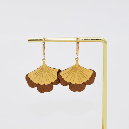Boucles d'oreilles Gingko - Plaqué or & Cuir - N.12