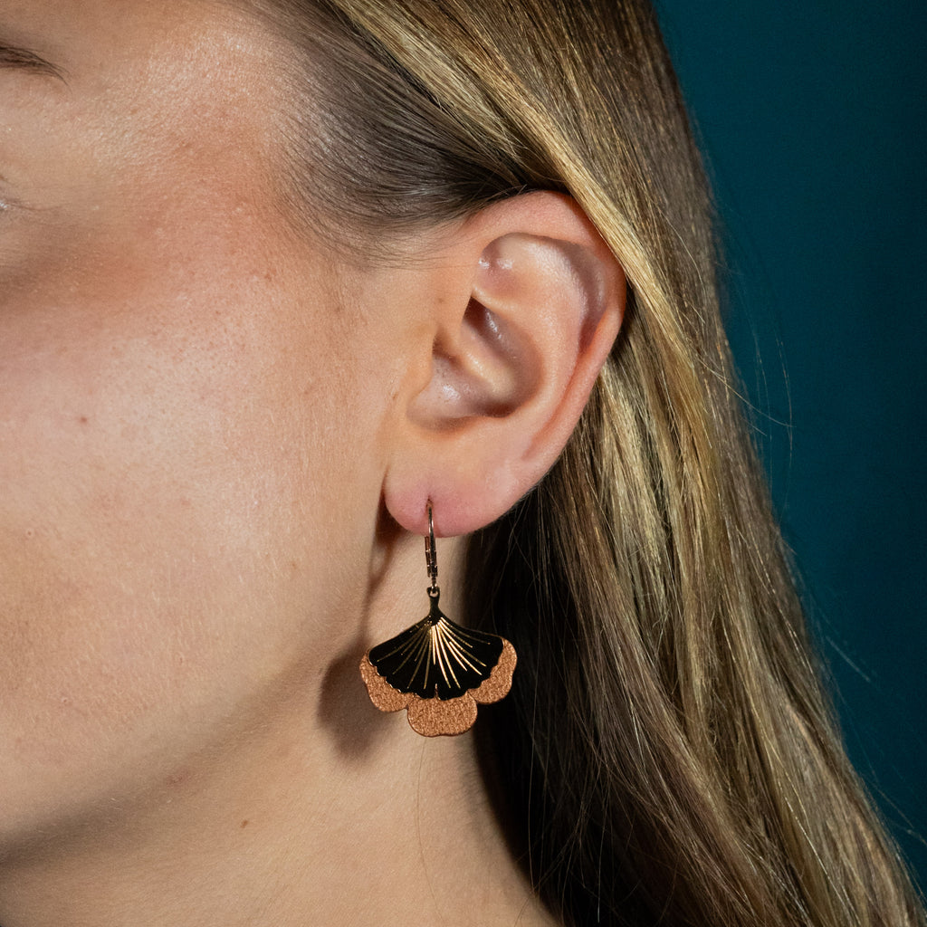 Boucles d'oreilles Gingko - Plaqué or & Cuir - N.12