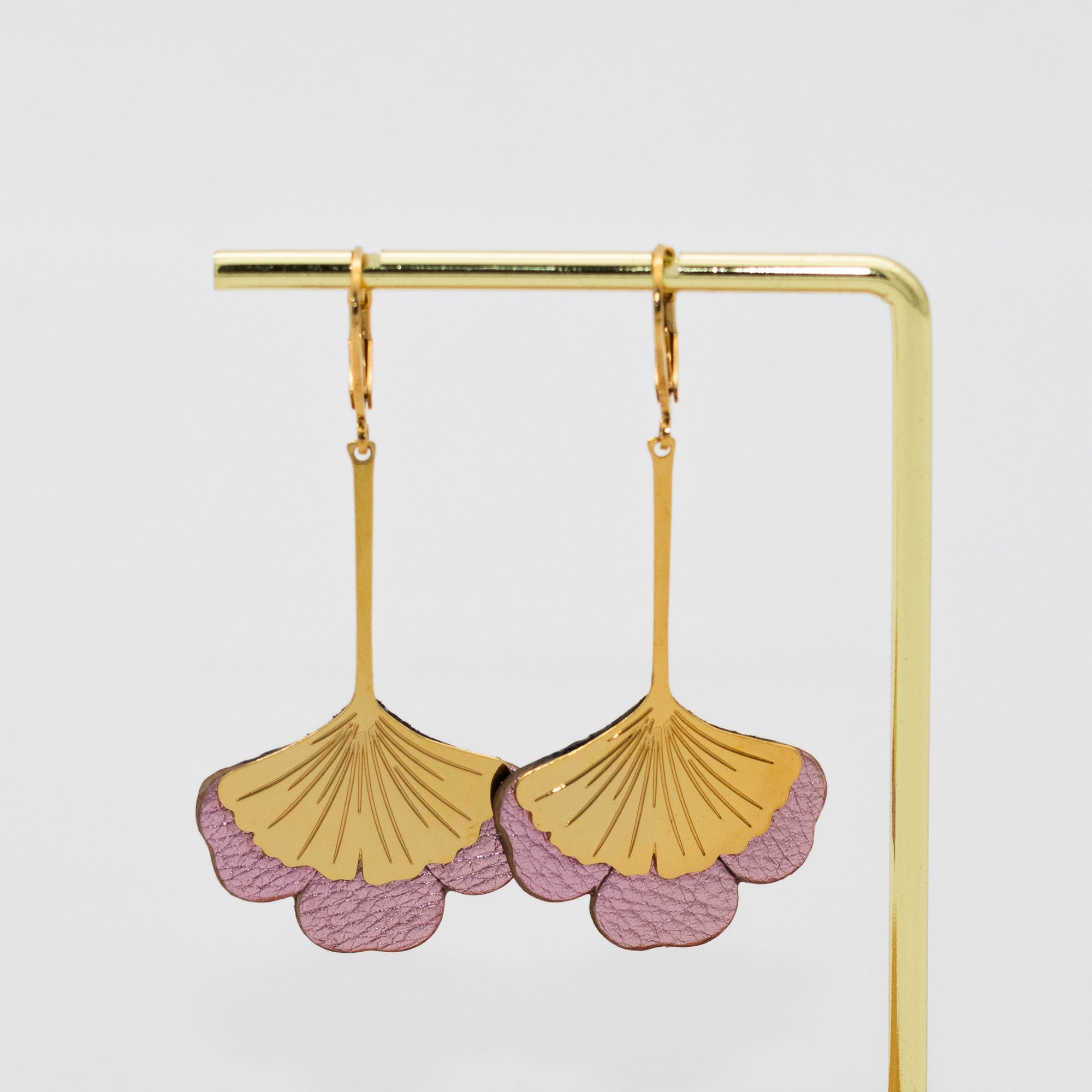 Boucles d'oreilles Gingko - Plaqué or & Cuir - N.15