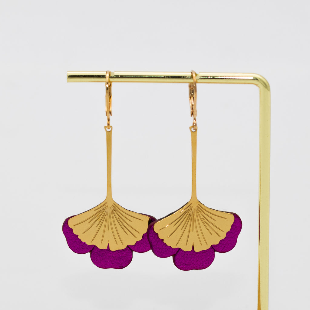 Boucles d'oreilles Gingko - Plaqué or & Cuir - N.16
