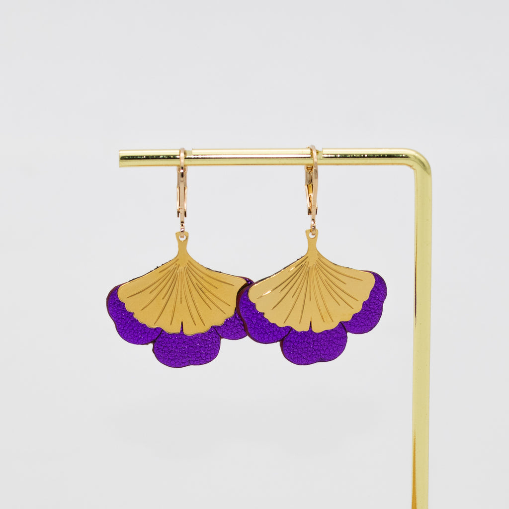 Boucles d'oreilles Gingko - Plaqué or & Cuir - N.17
