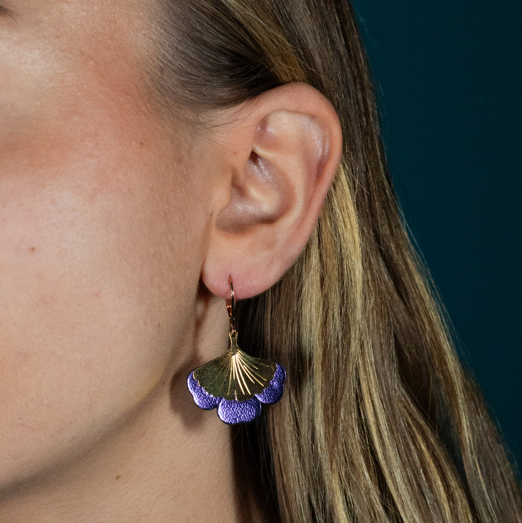 Boucles d'oreilles Gingko - Plaqué or & Cuir - N.18