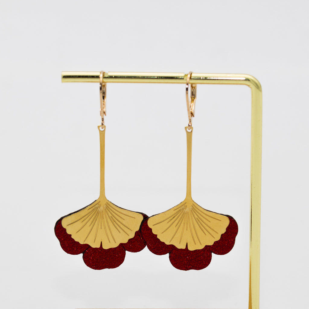 Boucles d'oreilles Gingko - Plaqué or & Cuir - N.21