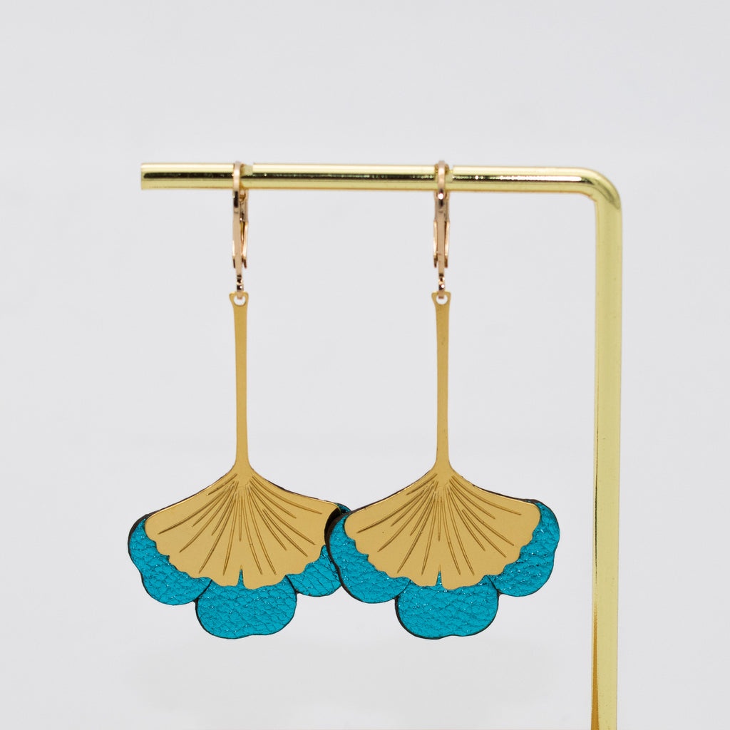 Boucles d'oreilles Gingko - Plaqué or & Cuir - N.28