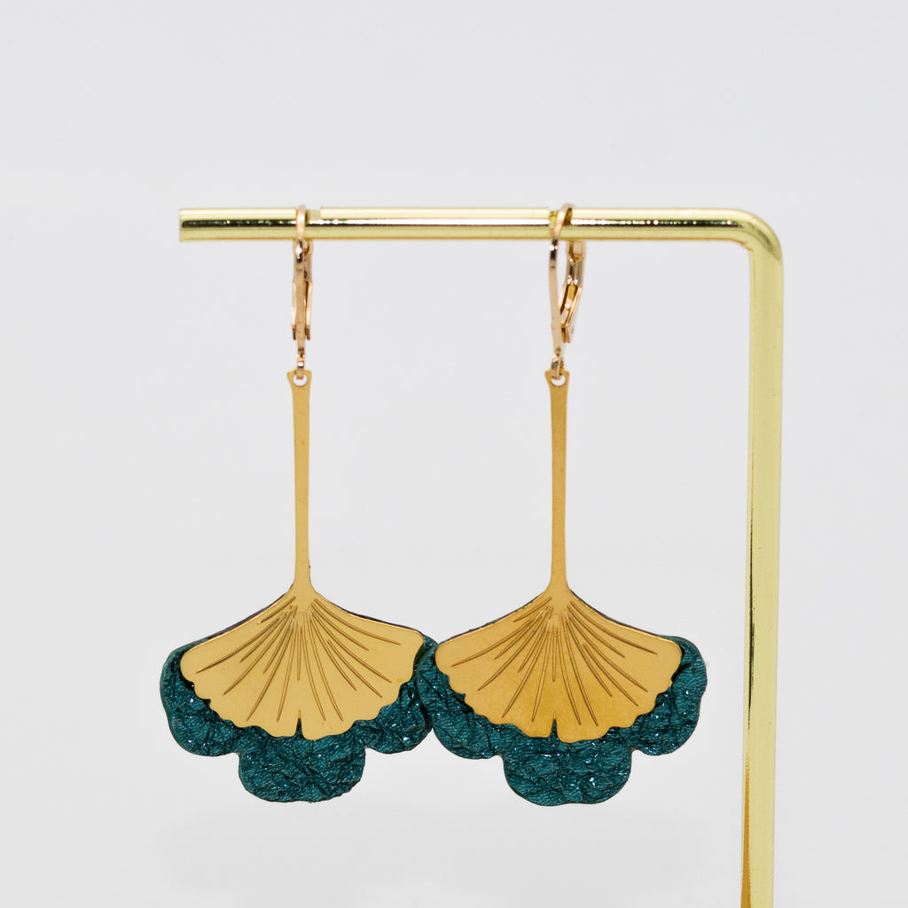 Boucles d'oreilles Gingko - Plaqué or & Cuir - N.29