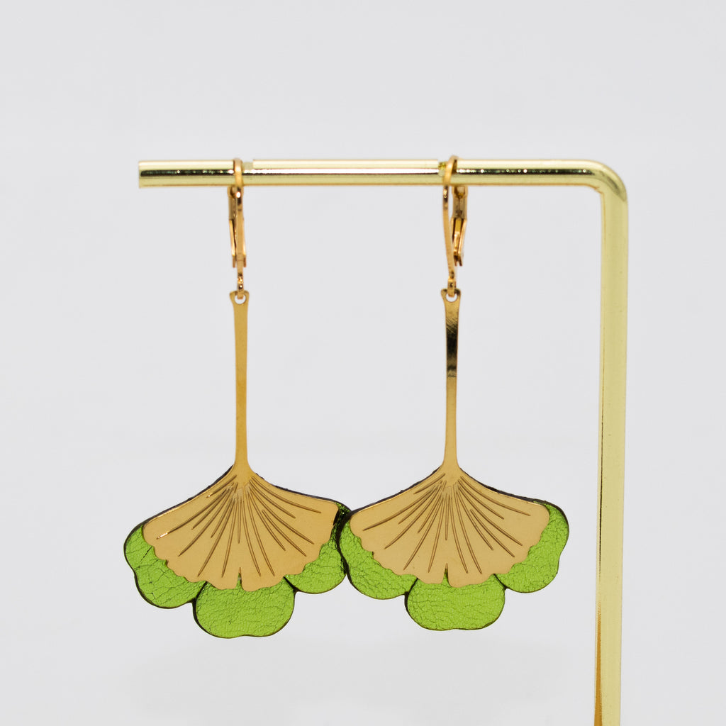 Boucles d'oreilles Gingko - Plaqué or & Cuir - N.37