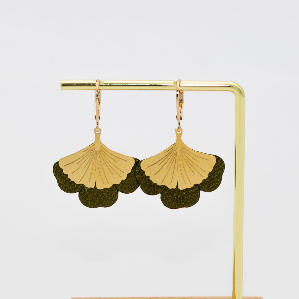 Boucles d'oreilles Gingko - Plaqué or & Cuir - N.39