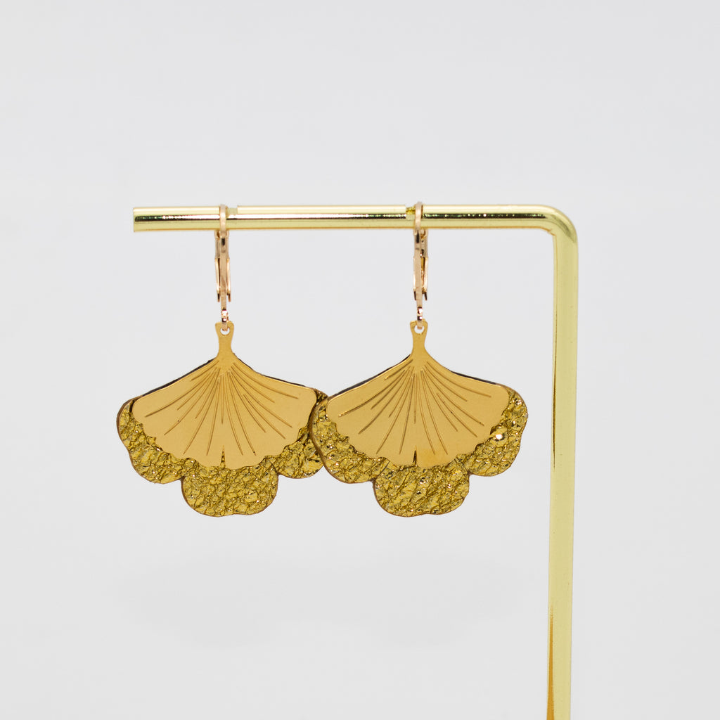 Boucles d'oreilles Gingko - Plaqué or & Cuir - N.04