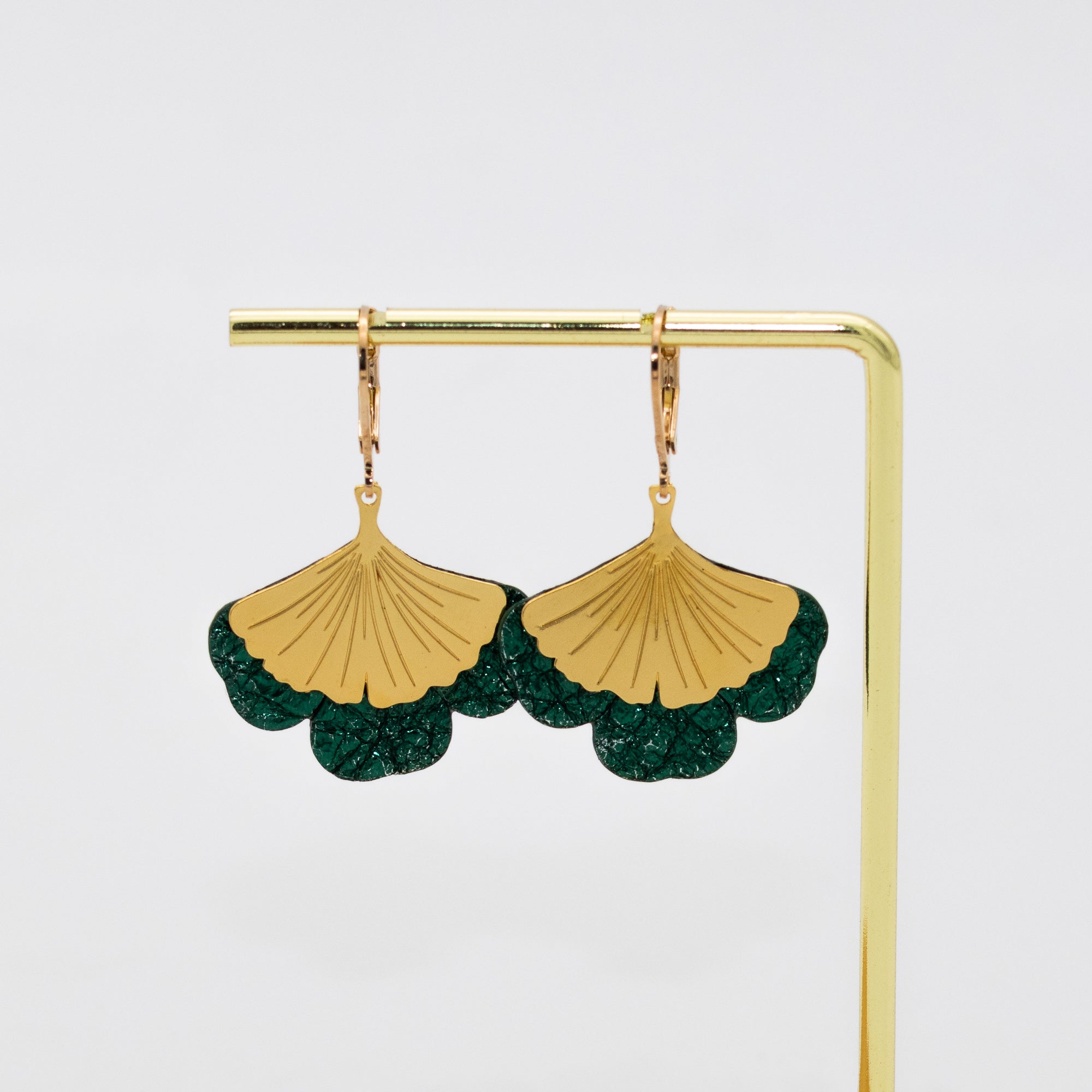 Boucles d'oreilles Gingko - Plaqué or & Cuir - N.41