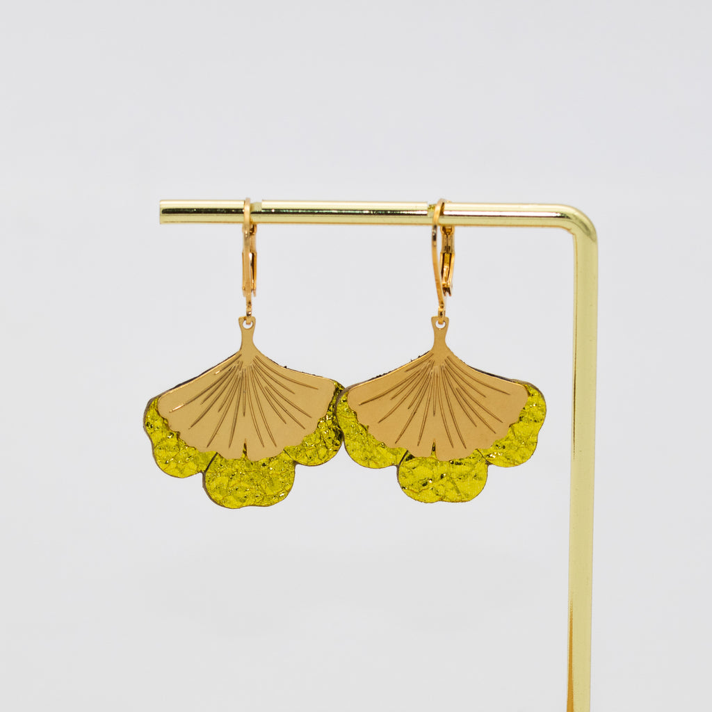 Boucles d'oreilles Gingko - Plaqué or & Cuir - N.06