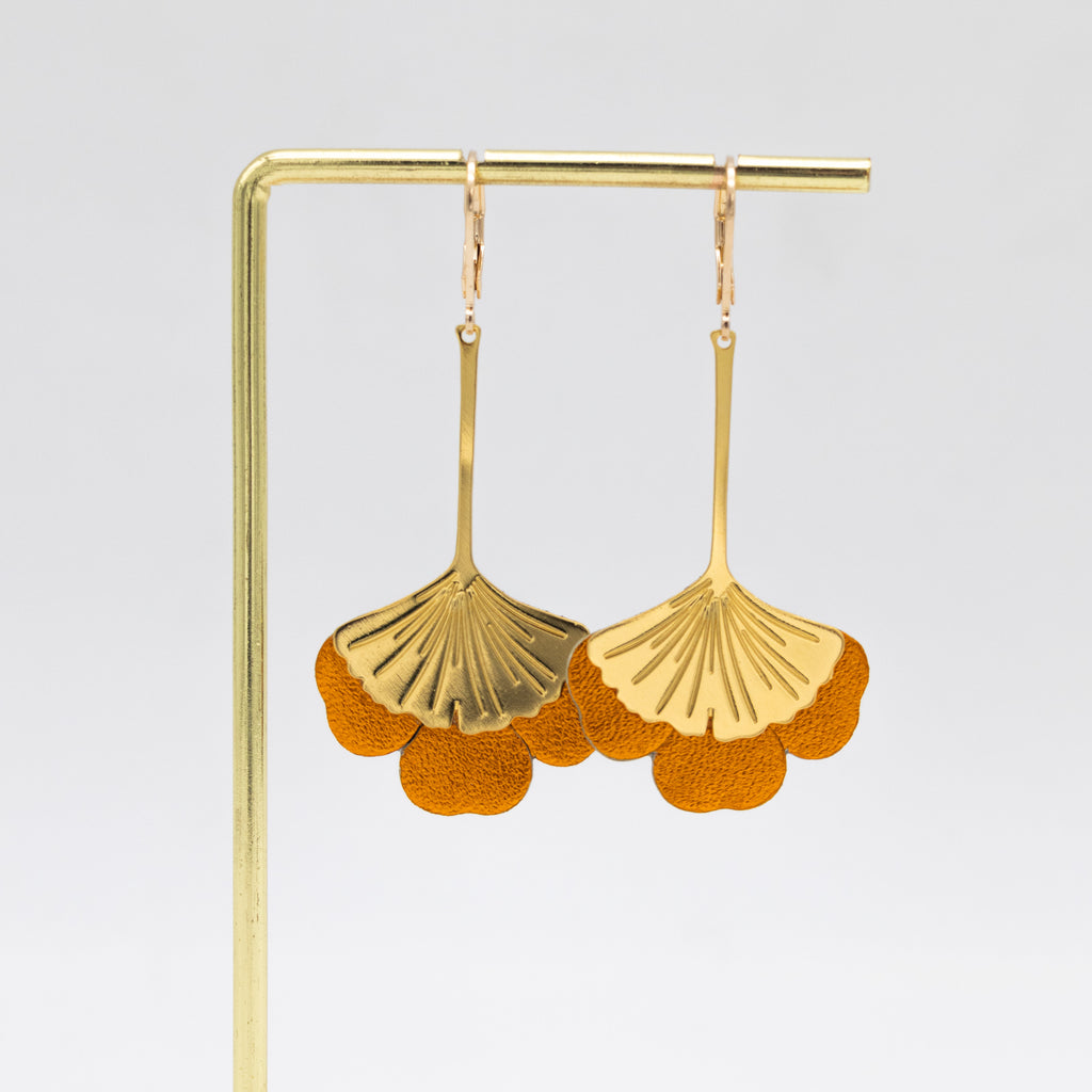 Boucles d'oreilles Gingko - Plaqué or & Cuir - N.10