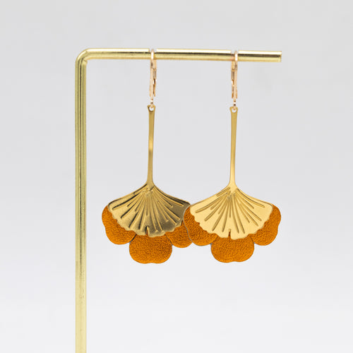 Boucles d'oreilles Gingko - Plaqué or & Cuir - N.10