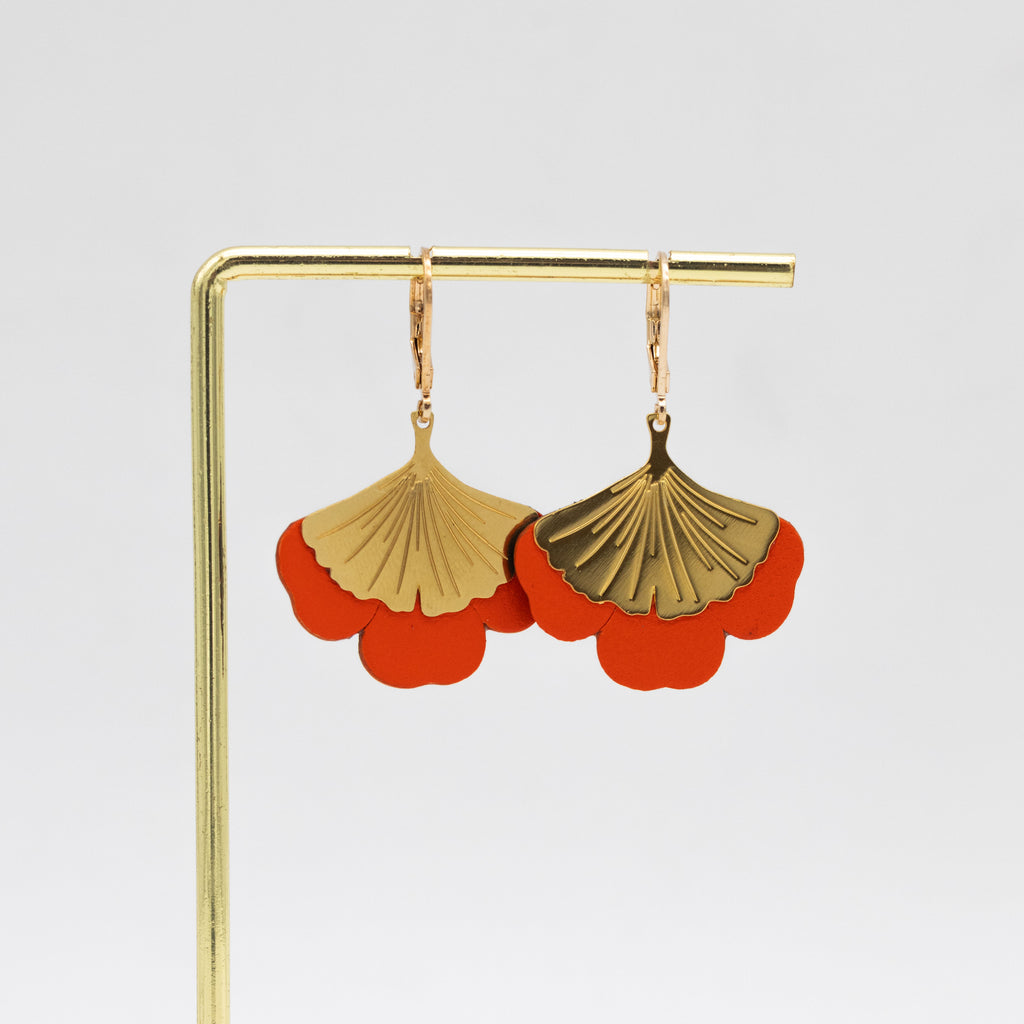 Boucles d'oreilles Gingko - Plaqué or & Cuir - N.11