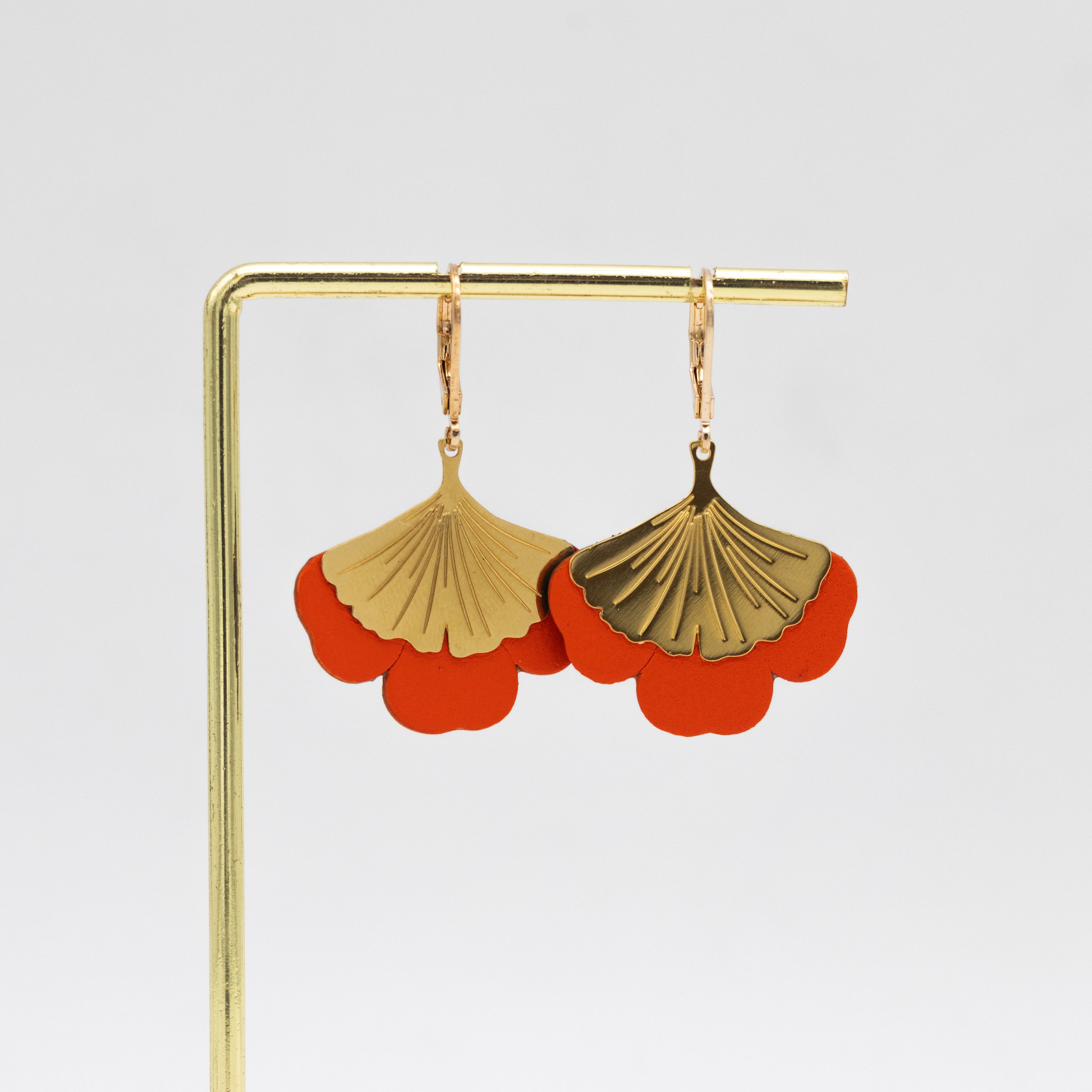 Boucles d'oreilles Gingko - Plaqué or & Cuir - N.11