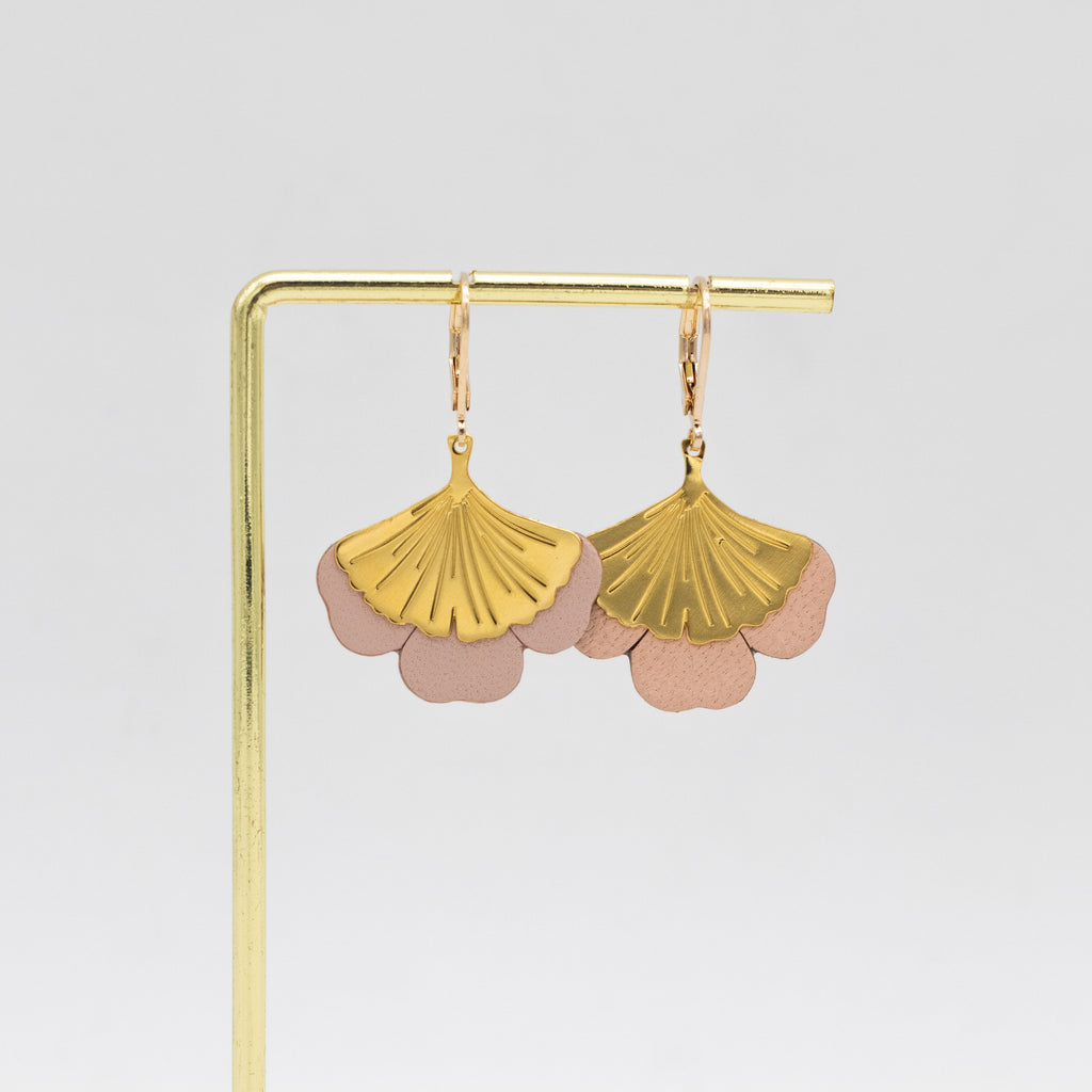 Boucles d'oreilles Gingko - Plaqué or & Cuir - N.13