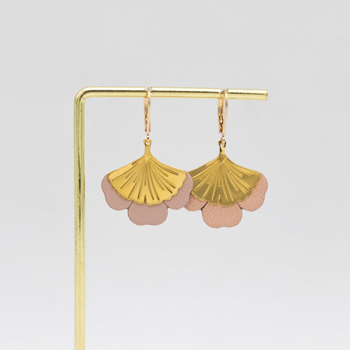 Boucles d'oreilles Gingko - Plaqué or & Cuir - N.13