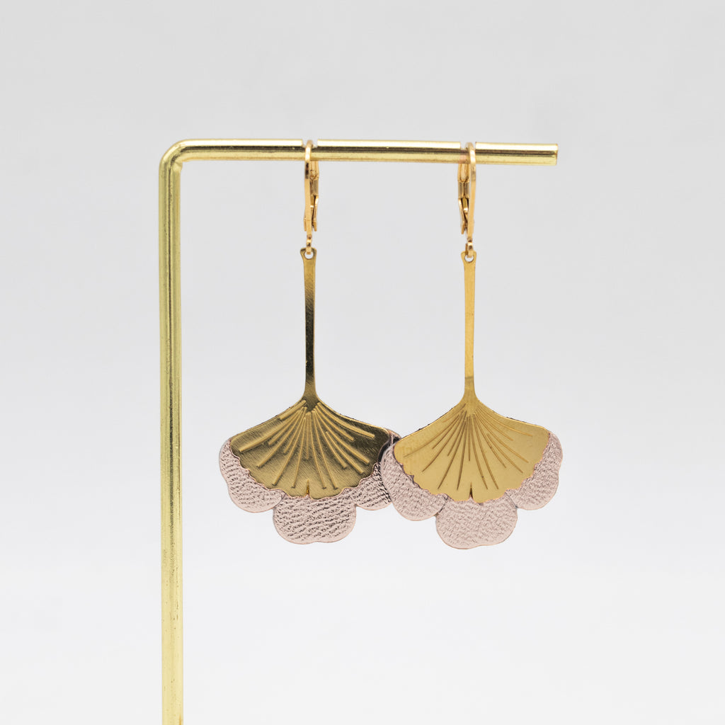Boucles d'oreilles Gingko - Plaqué or & Cuir - N.14