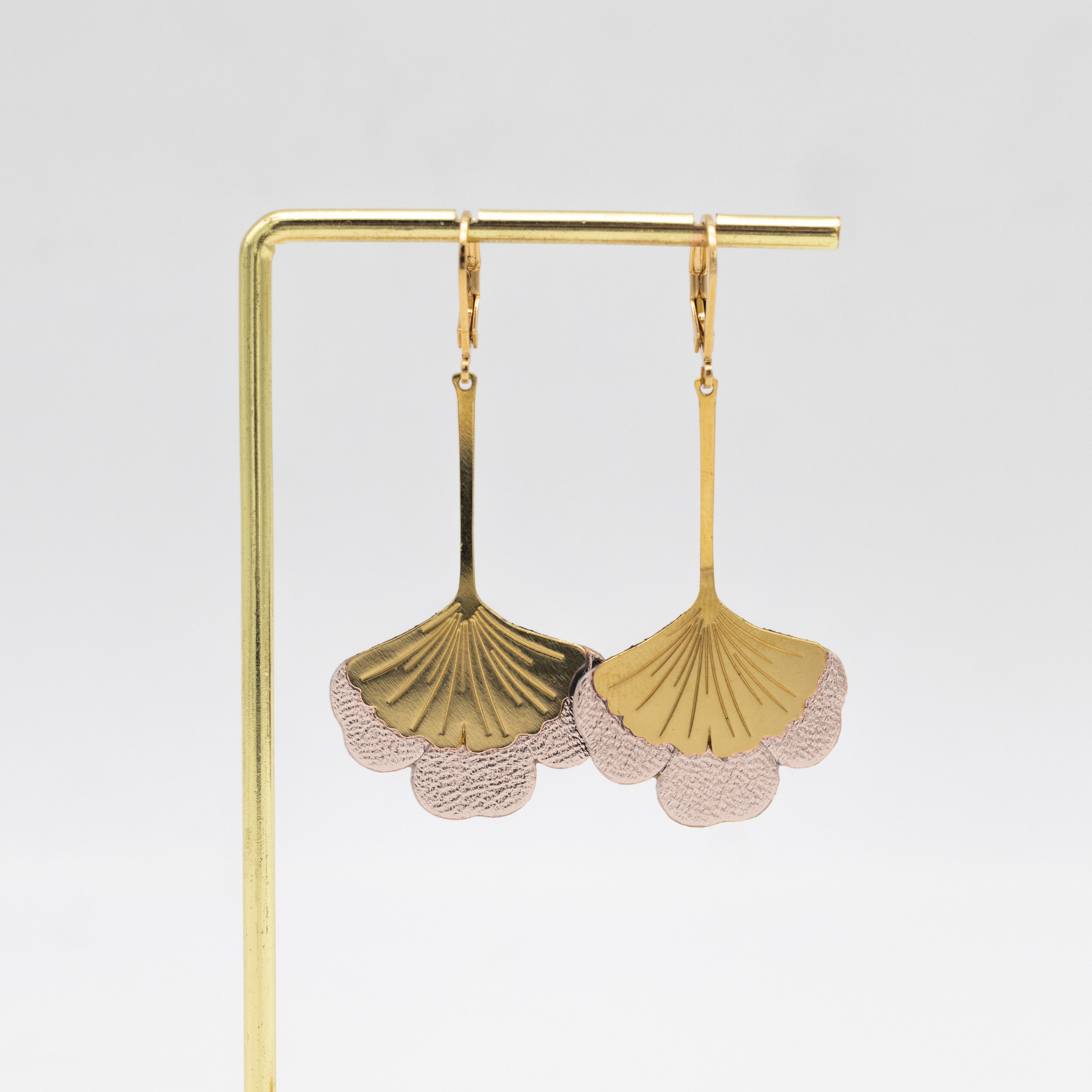 Boucles d'oreilles Gingko - Plaqué or & Cuir - N.14