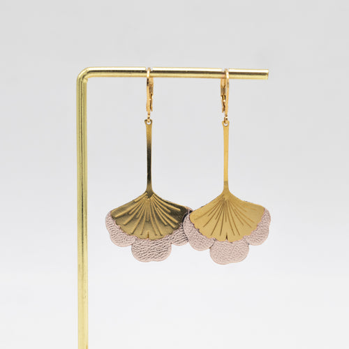 Boucles d'oreilles Gingko - Plaqué or & Cuir - N.14