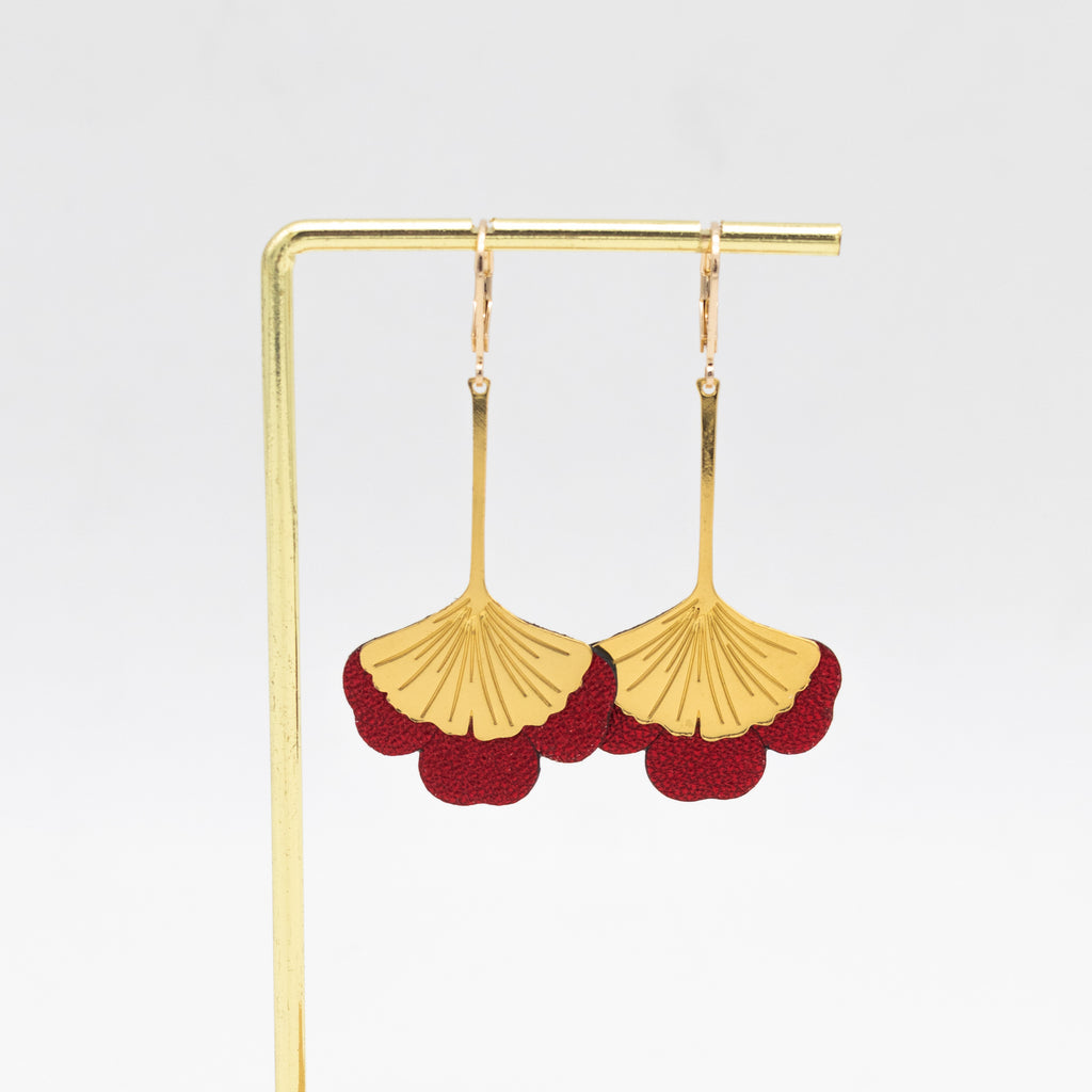 Boucles d'oreilles Gingko - Plaqué or & Cuir - N.19