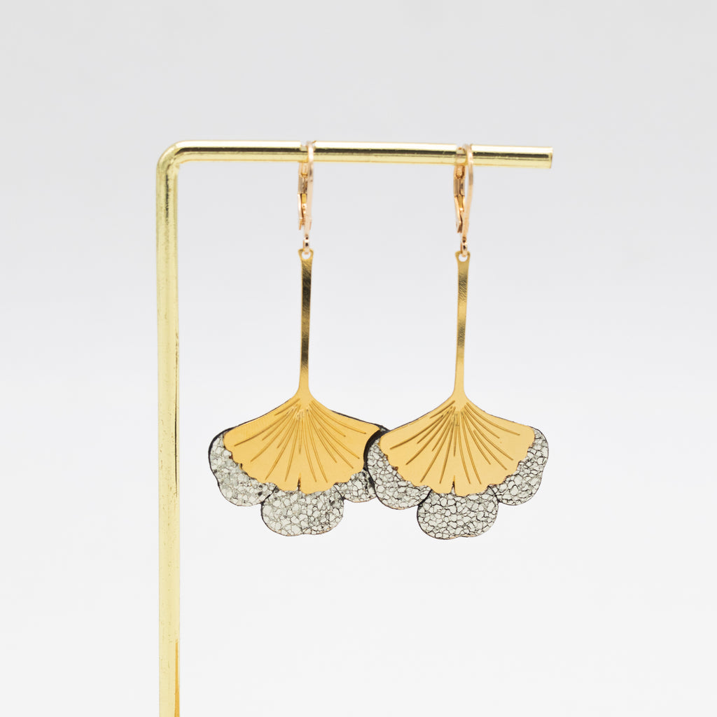 Boucles d'oreilles Gingko - Plaqué or & Cuir - N.01