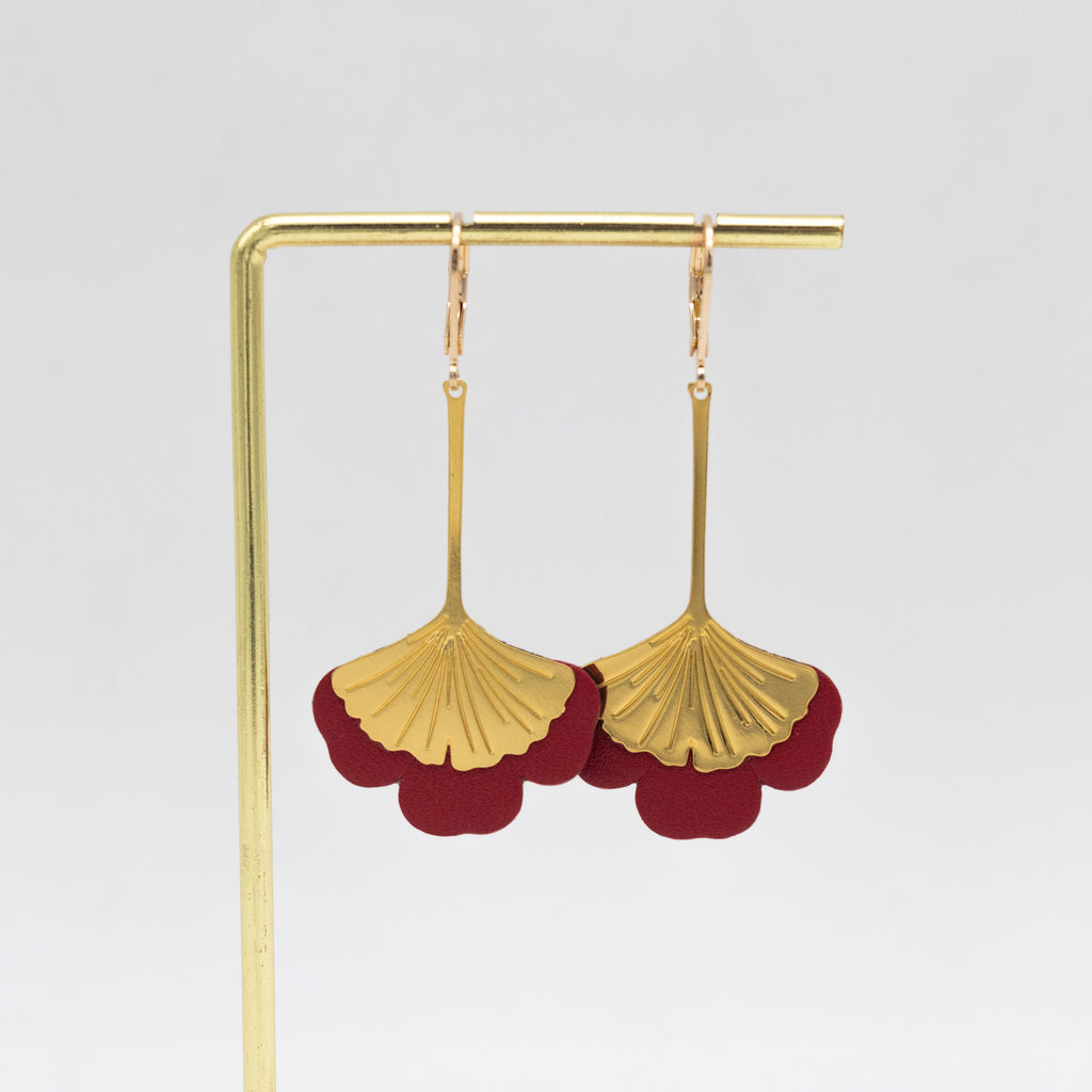 Boucles d'oreilles Gingko - Plaqué or & Cuir - N.20