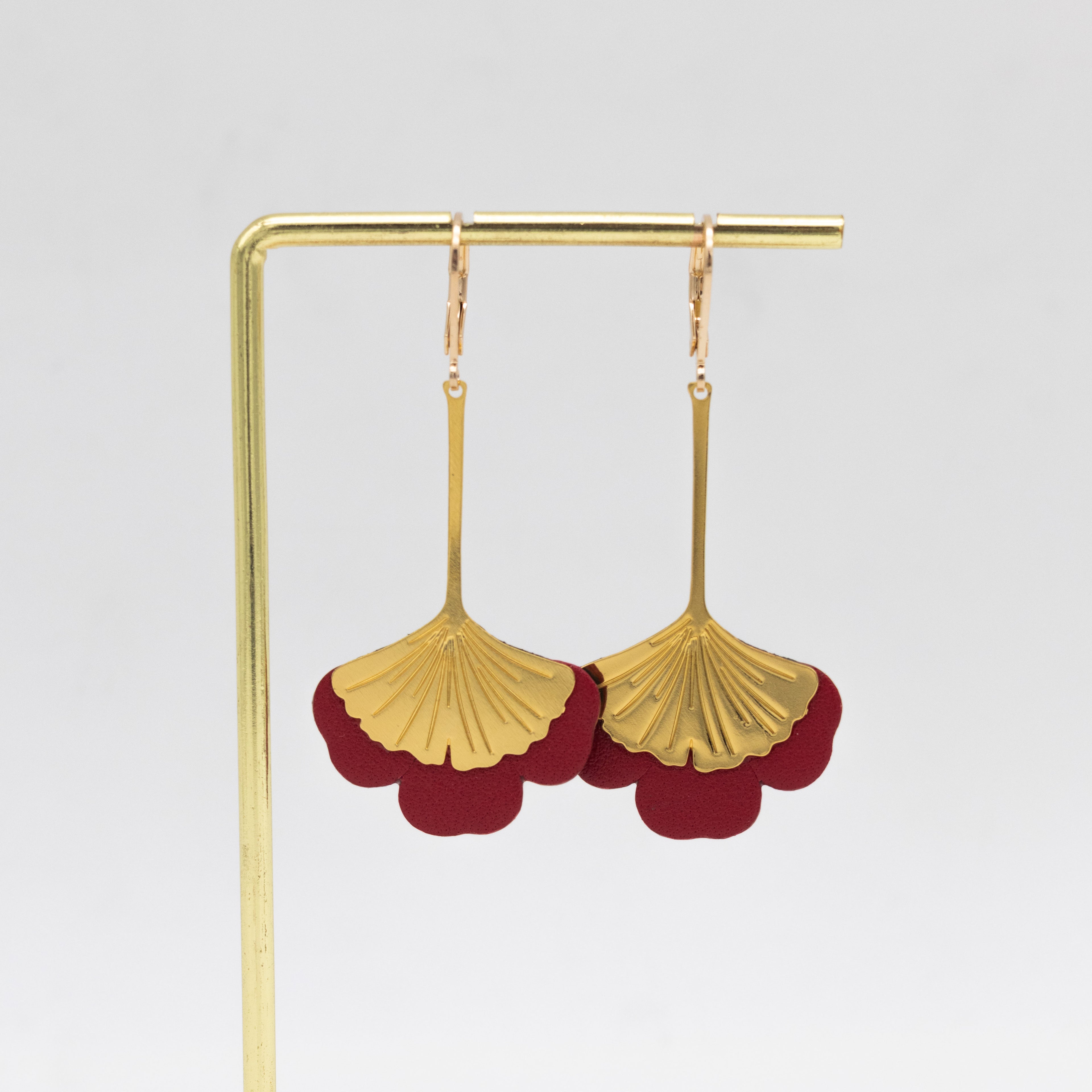 Boucles d'oreilles Gingko - Plaqué or & Cuir - N.20