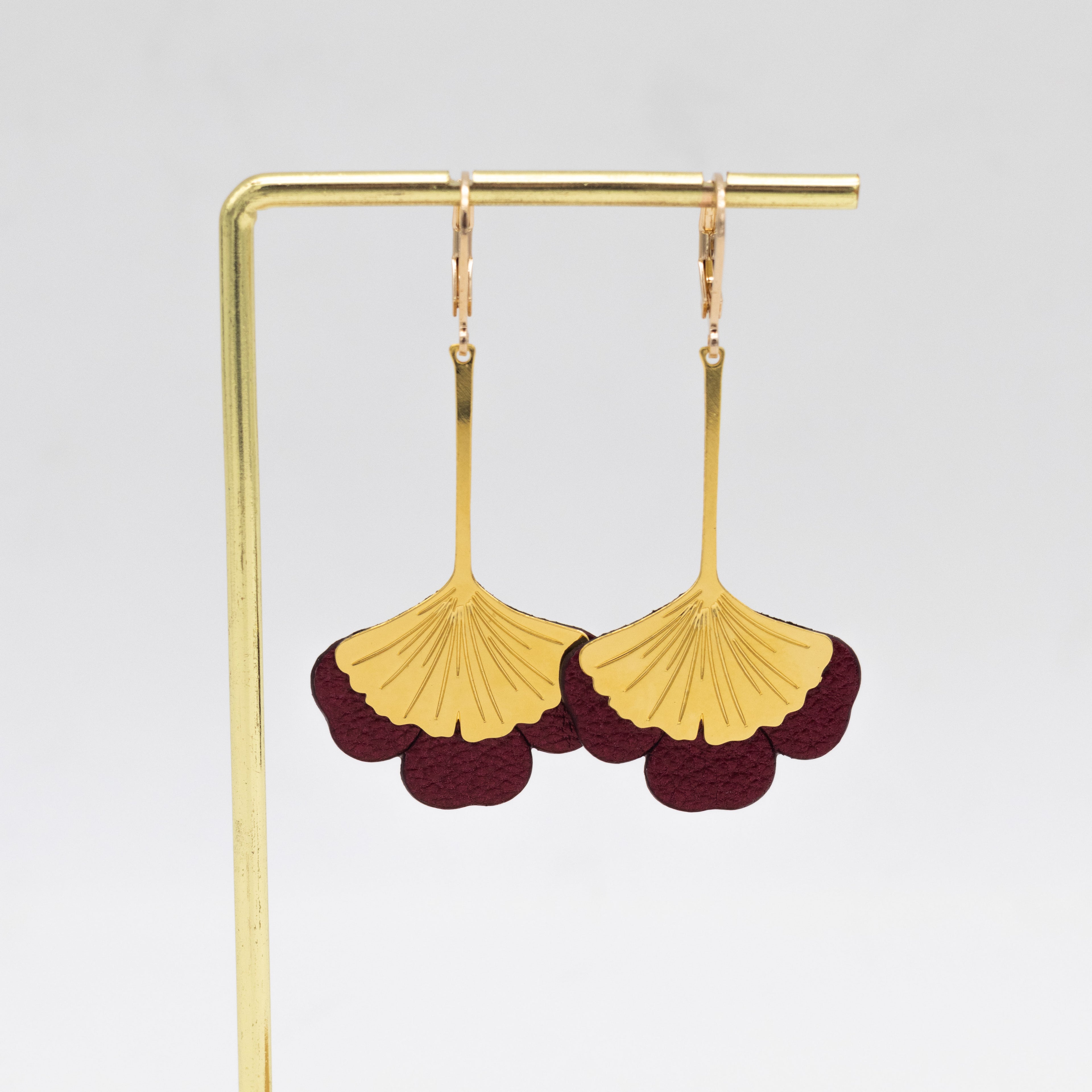 Boucles d'oreilles Gingko - Plaqué or & Cuir - N.23