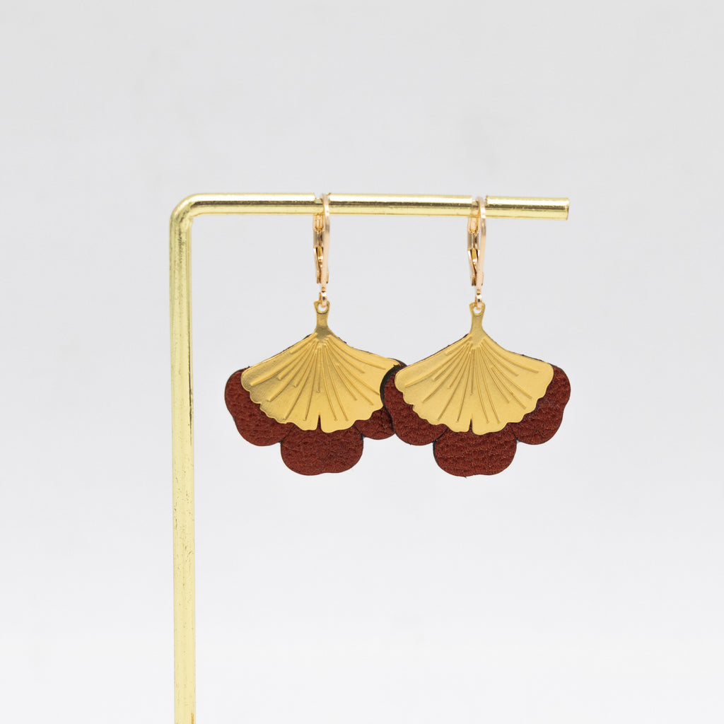 Boucles d'oreilles Gingko - Plaqué or & Cuir - N.24