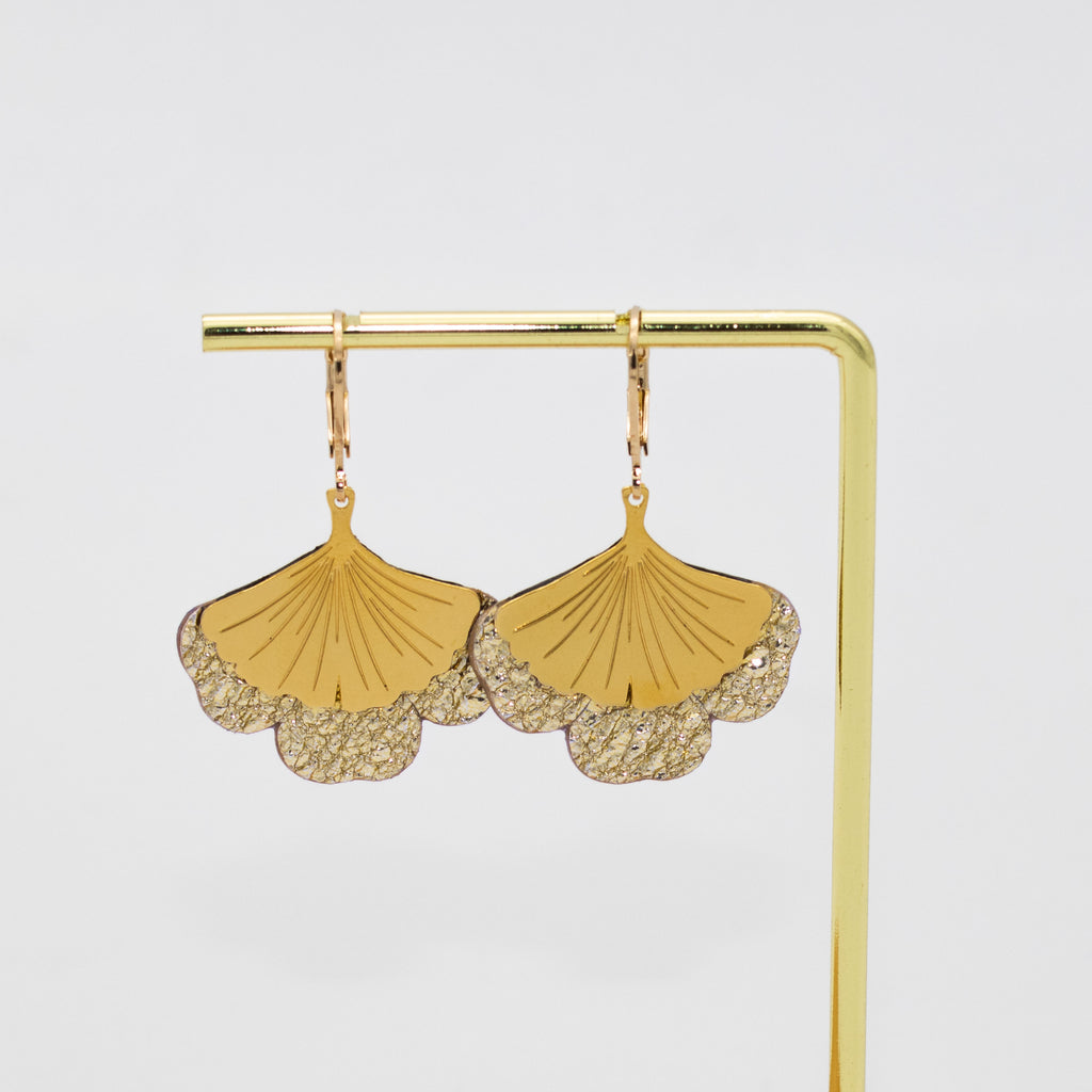 Boucles d'oreilles Gingko - Plaqué or & Cuir - N.02