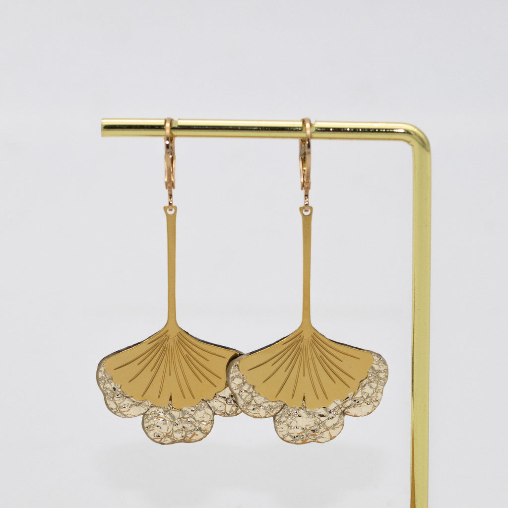 Boucles d'oreilles Gingko - Plaqué or & Cuir - N.02