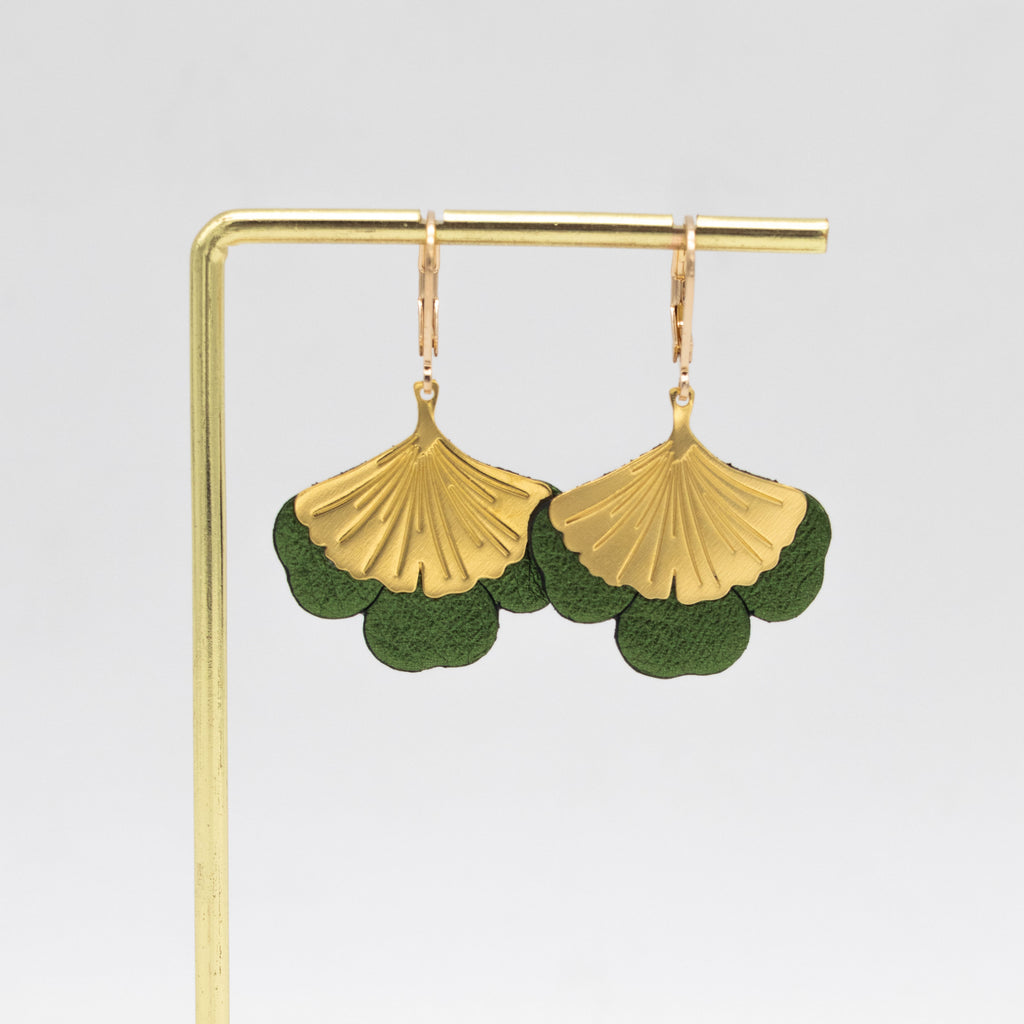 Boucles d'oreilles Gingko - Plaqué or & Cuir - N.38