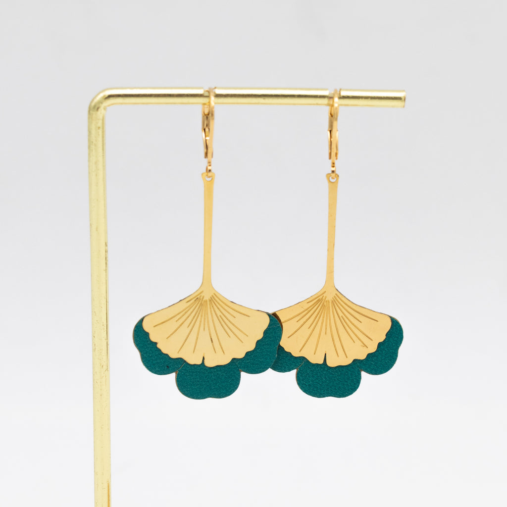 Boucles d'oreilles Gingko - Plaqué or & Cuir - N.40