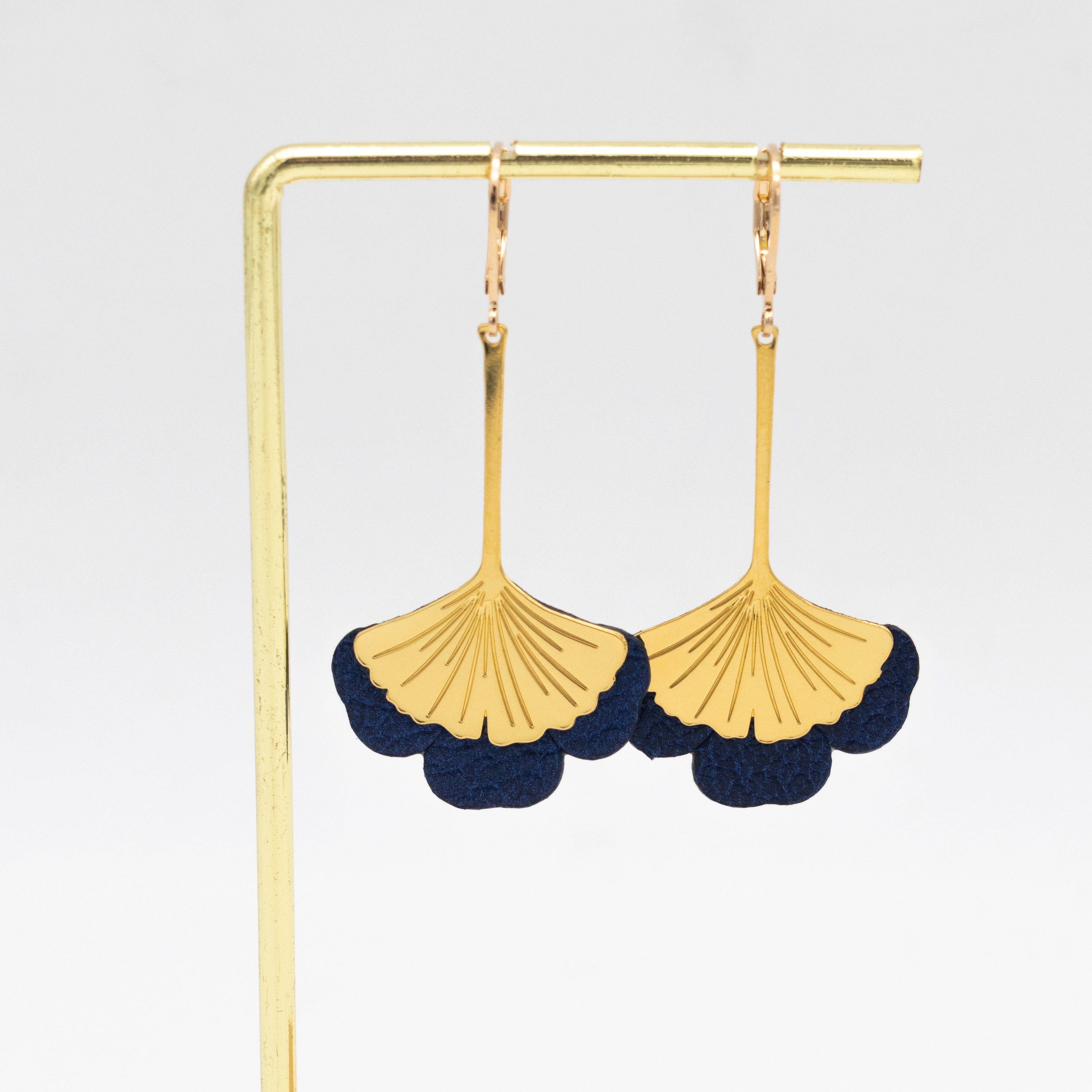 Boucles d'oreilles Gingko - Plaqué or & Cuir - N.42