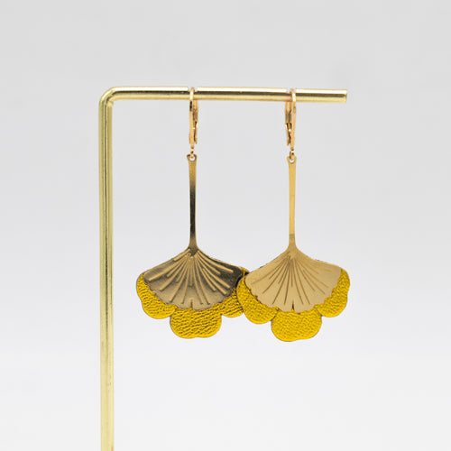 Boucles d'oreilles Gingko - Plaqué or & Cuir - N.05