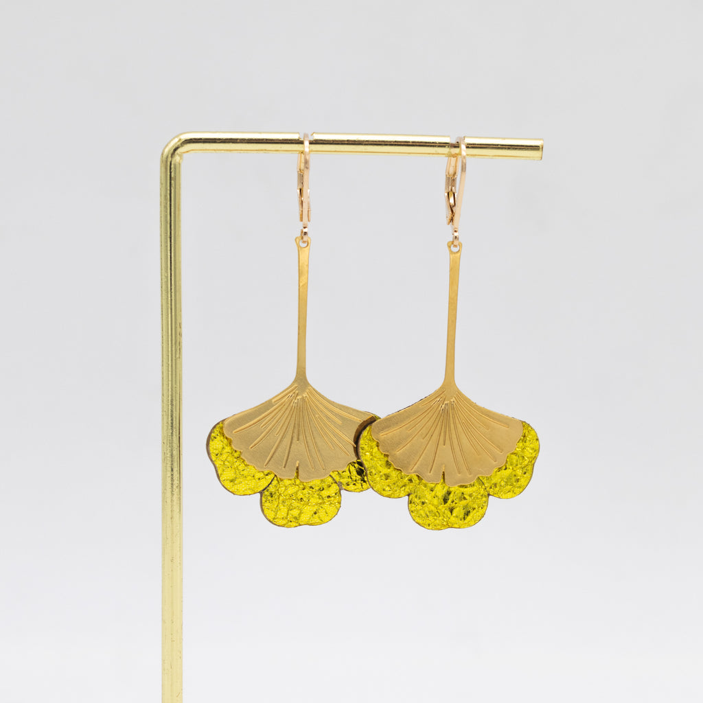 Boucles d'oreilles Gingko - Plaqué or & Cuir - N.06