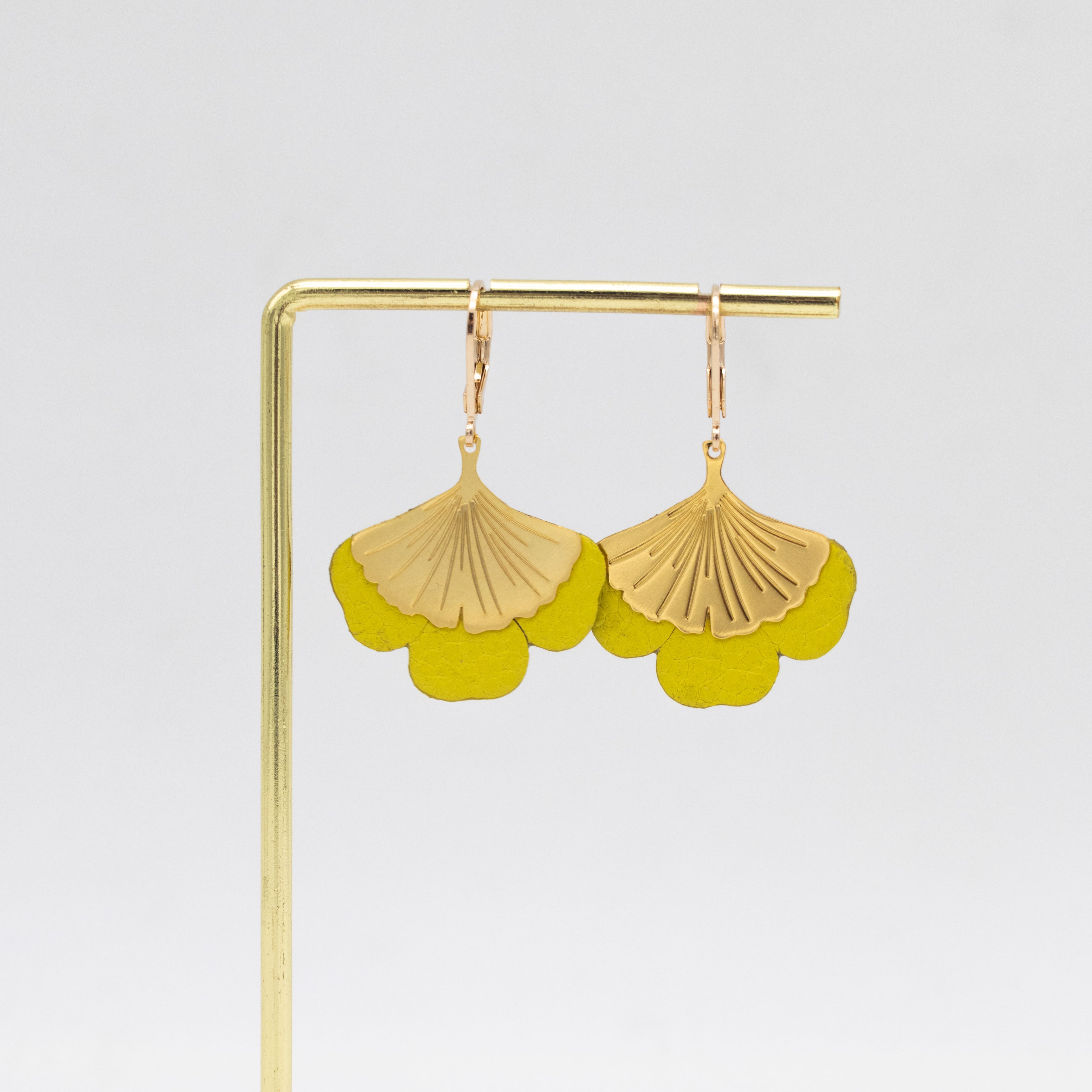 Boucles d'oreilles Gingko - Plaqué or & Cuir - N.07