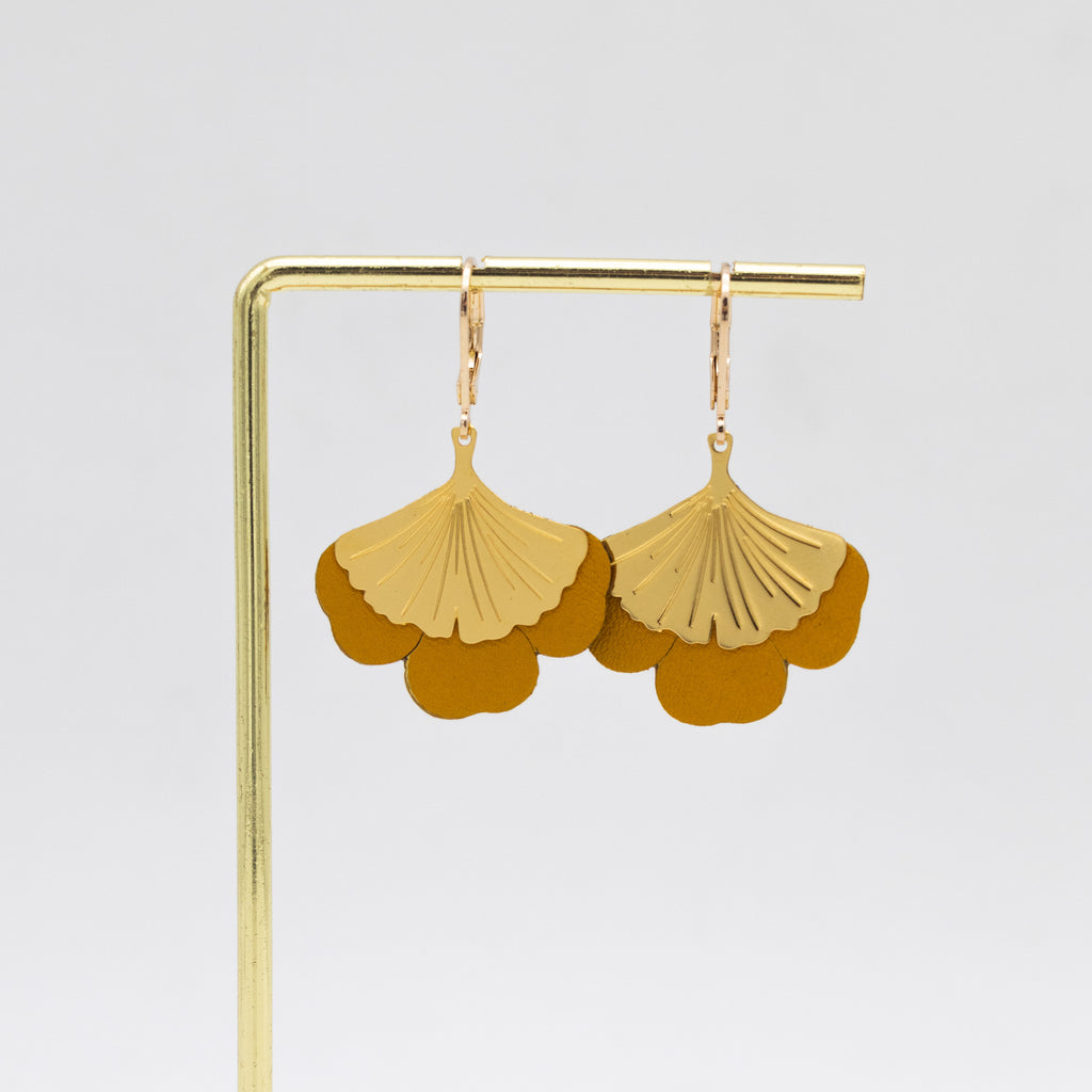 Boucles d'oreilles Gingko - Plaqué or & Cuir - N.09